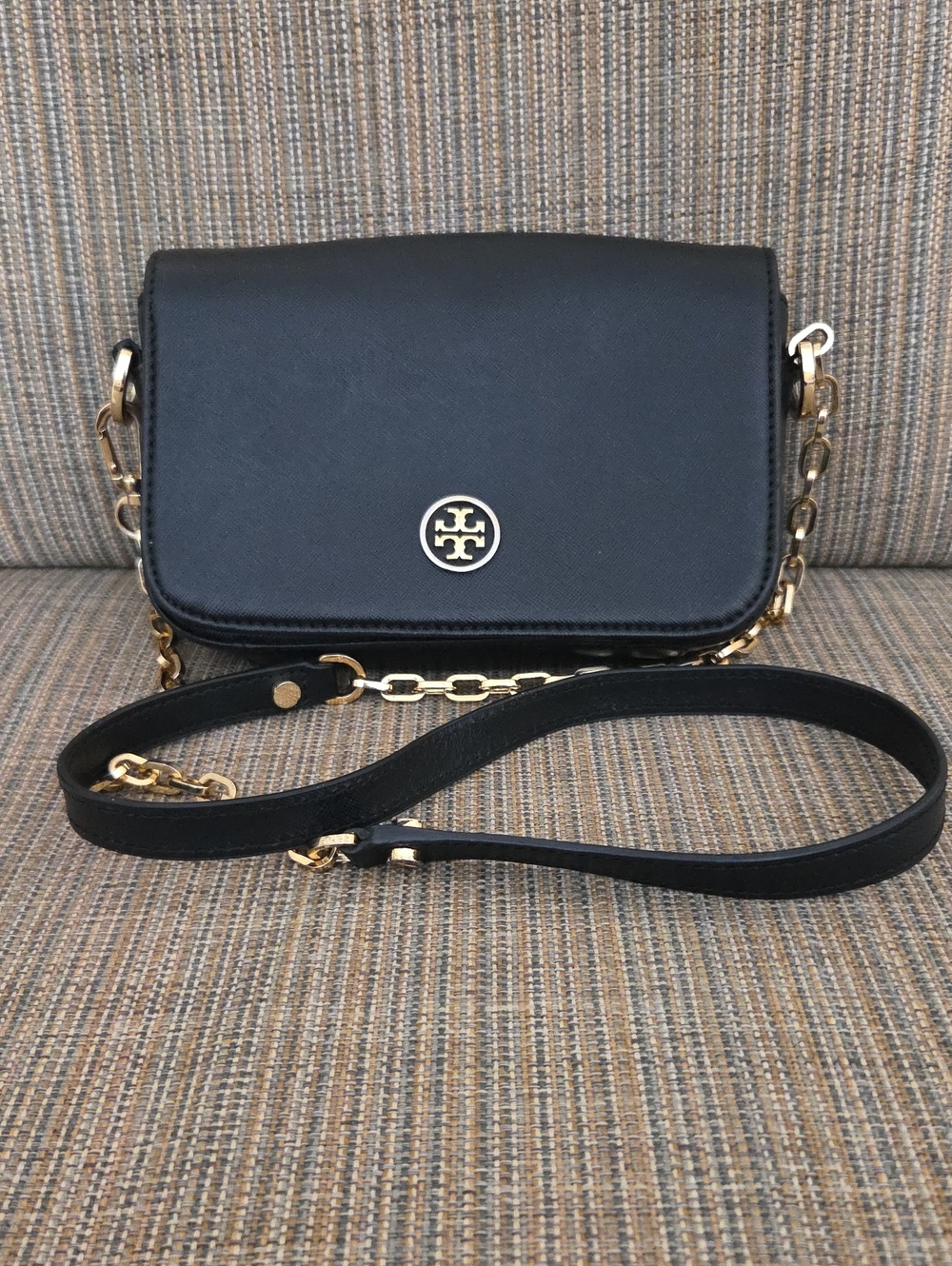 Tory Burch Black Leather Crossbody with Gold Logo and Chain